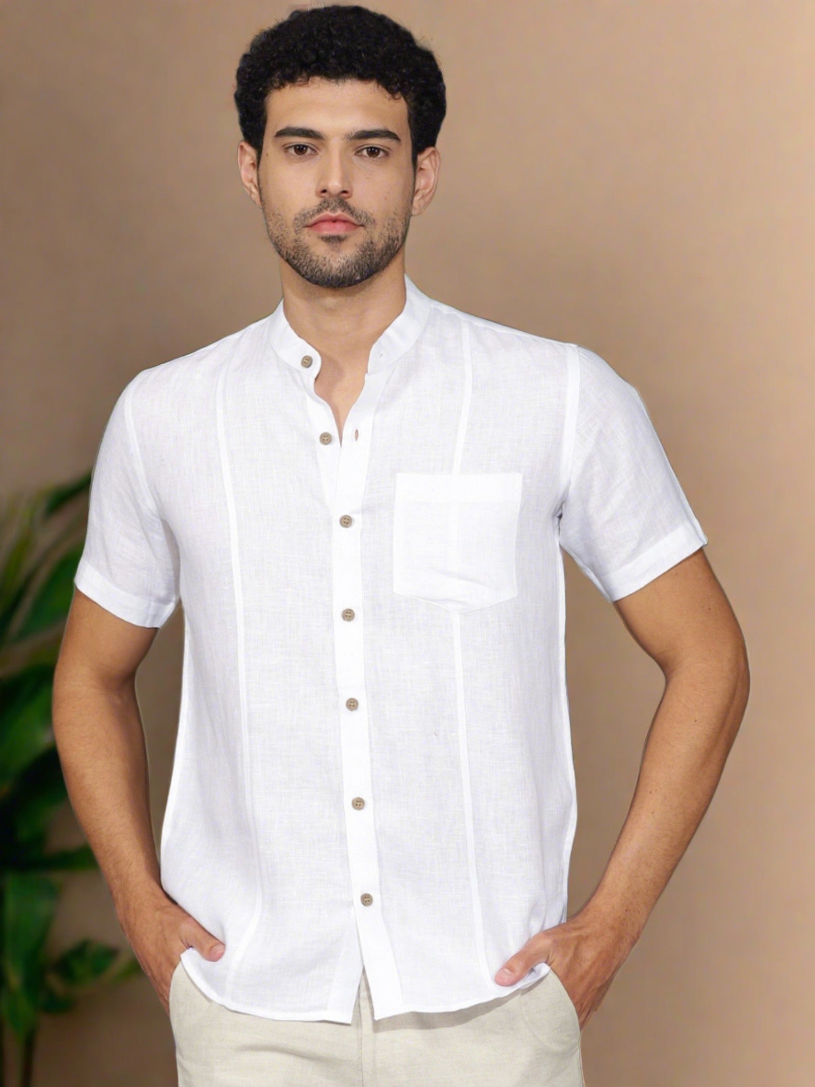 White Pure Linen Mandarin Collar Half Sleeve Shirt – Linen Trail