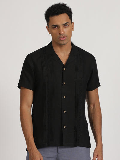 Cal - Pure Linen Hand Embroidered Half Sleeve Shirt - Black