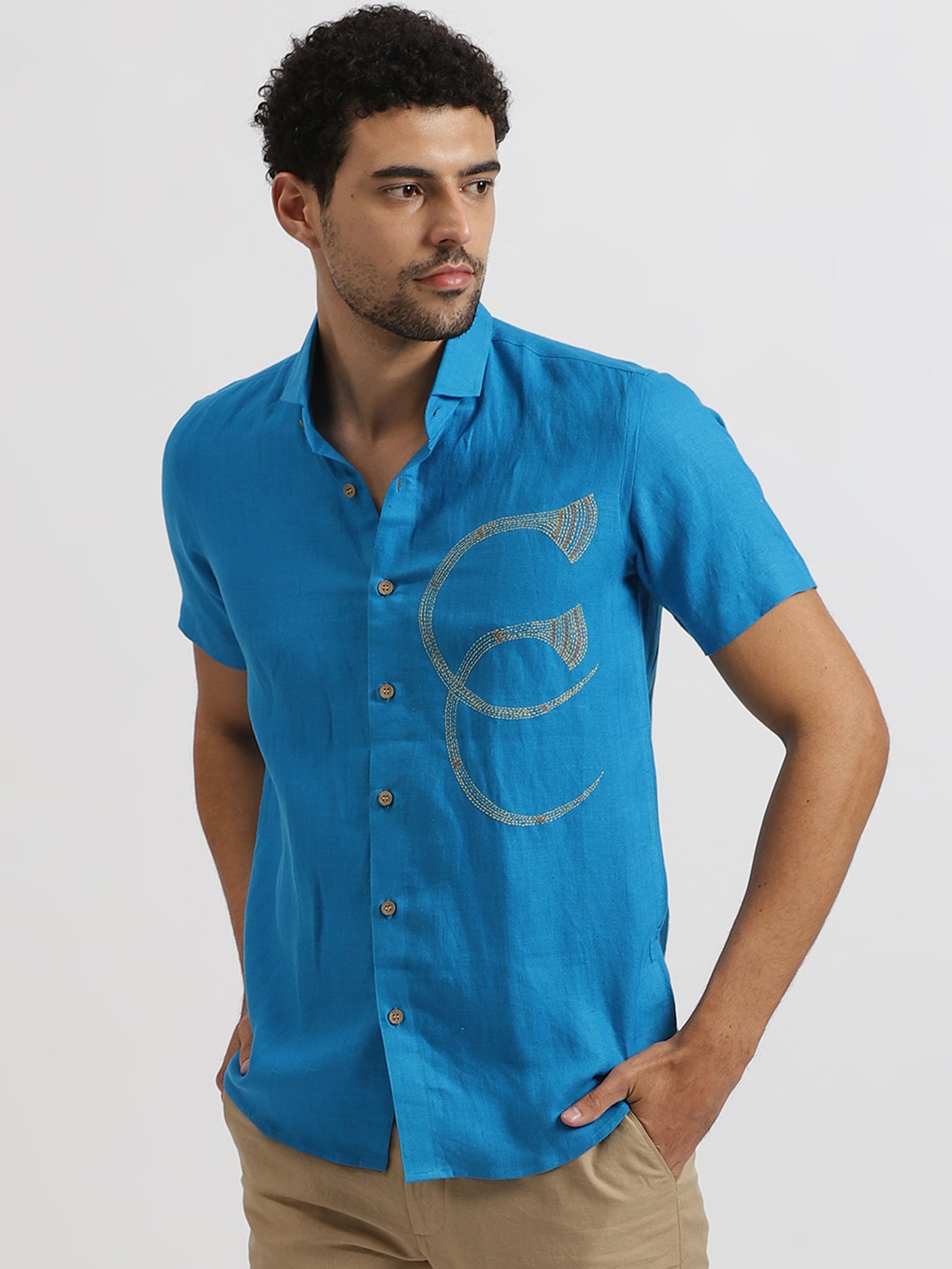 Ceol - Pure Linen Hand-Embroidered Half Sleeve Shirt - Blue
