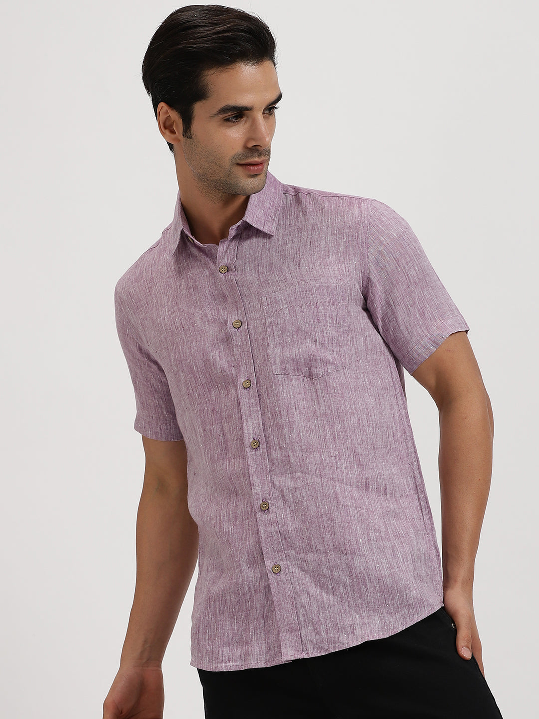 Bryce - Pure Linen Chambray Half Sleeve Shirt - Lilac