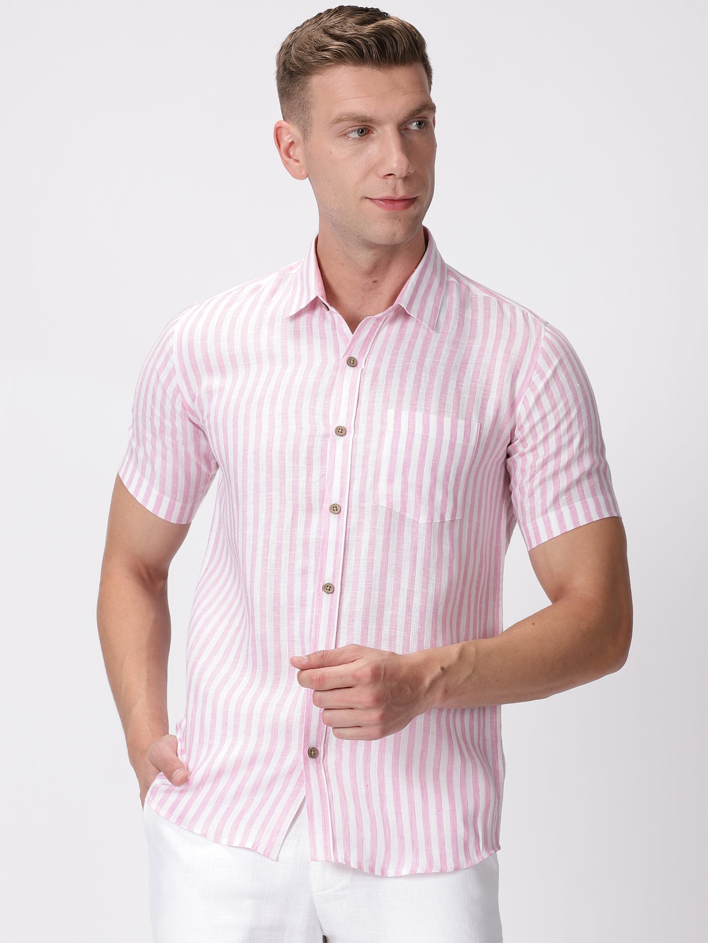 Arthur - Pure Linen Short Sleeve Shirt - Candy Pink Stripes