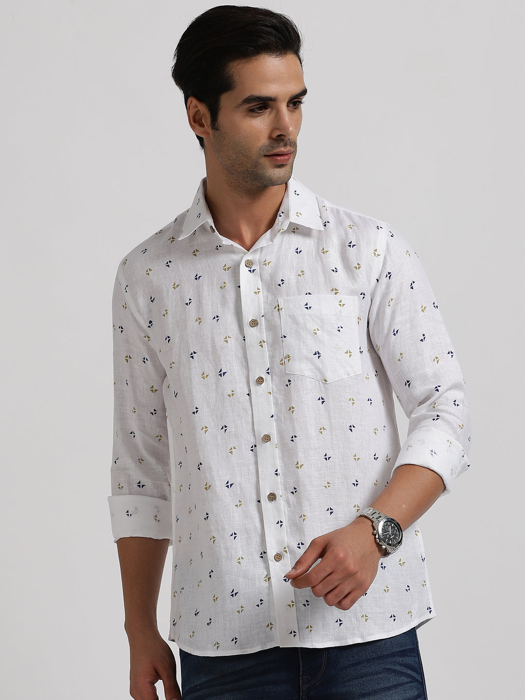 Elies - Pure Linen Block Printed Full Sleeve Shirt - Navy & Mustard