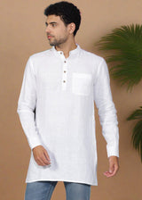 Jace - Full Sleeve Mandarin Collar Pure Linen Short Kurta - White