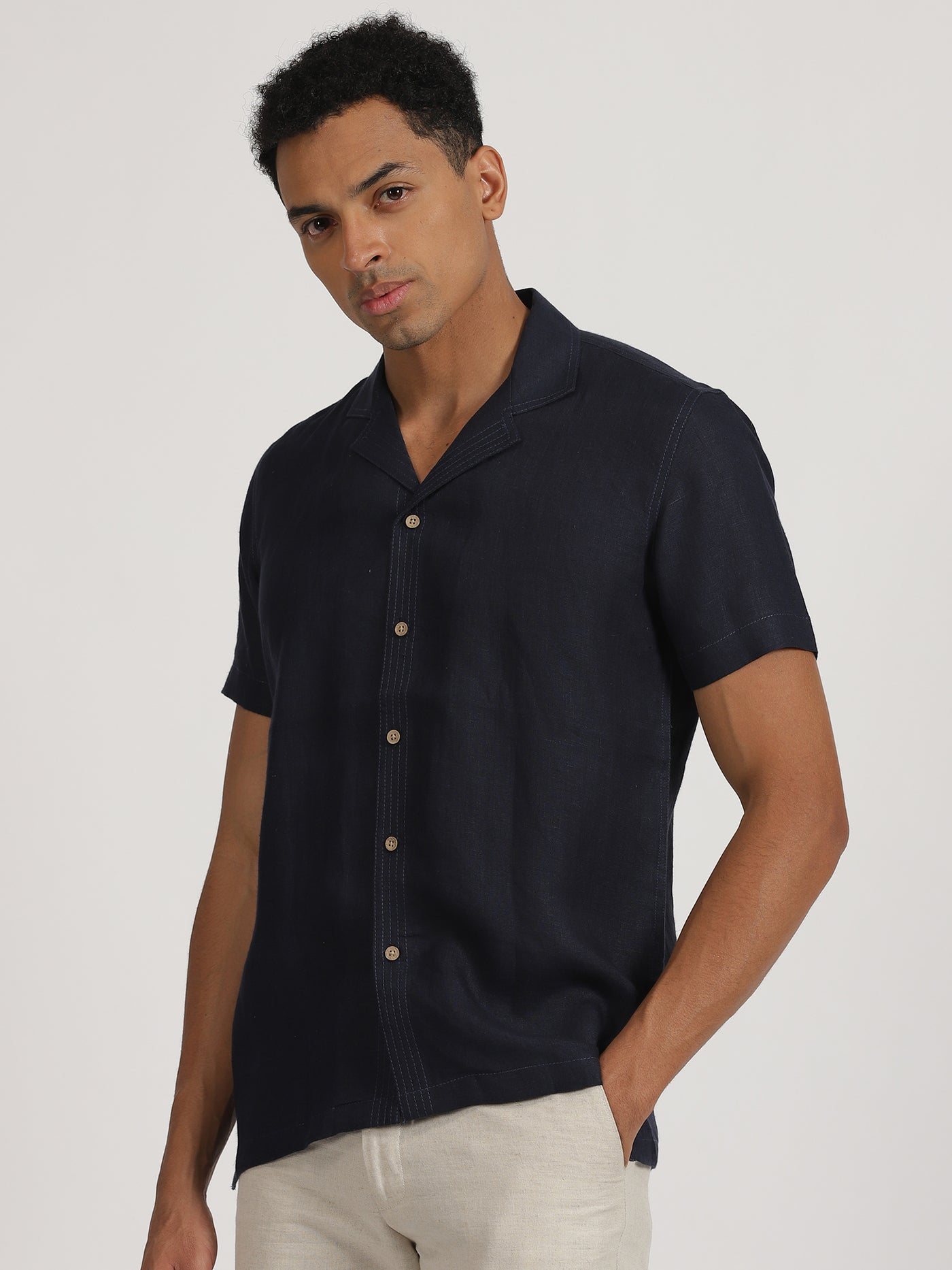 Earl - Pure Linen Half Sleeve Shirt With Stitch Details  - Dark Blue