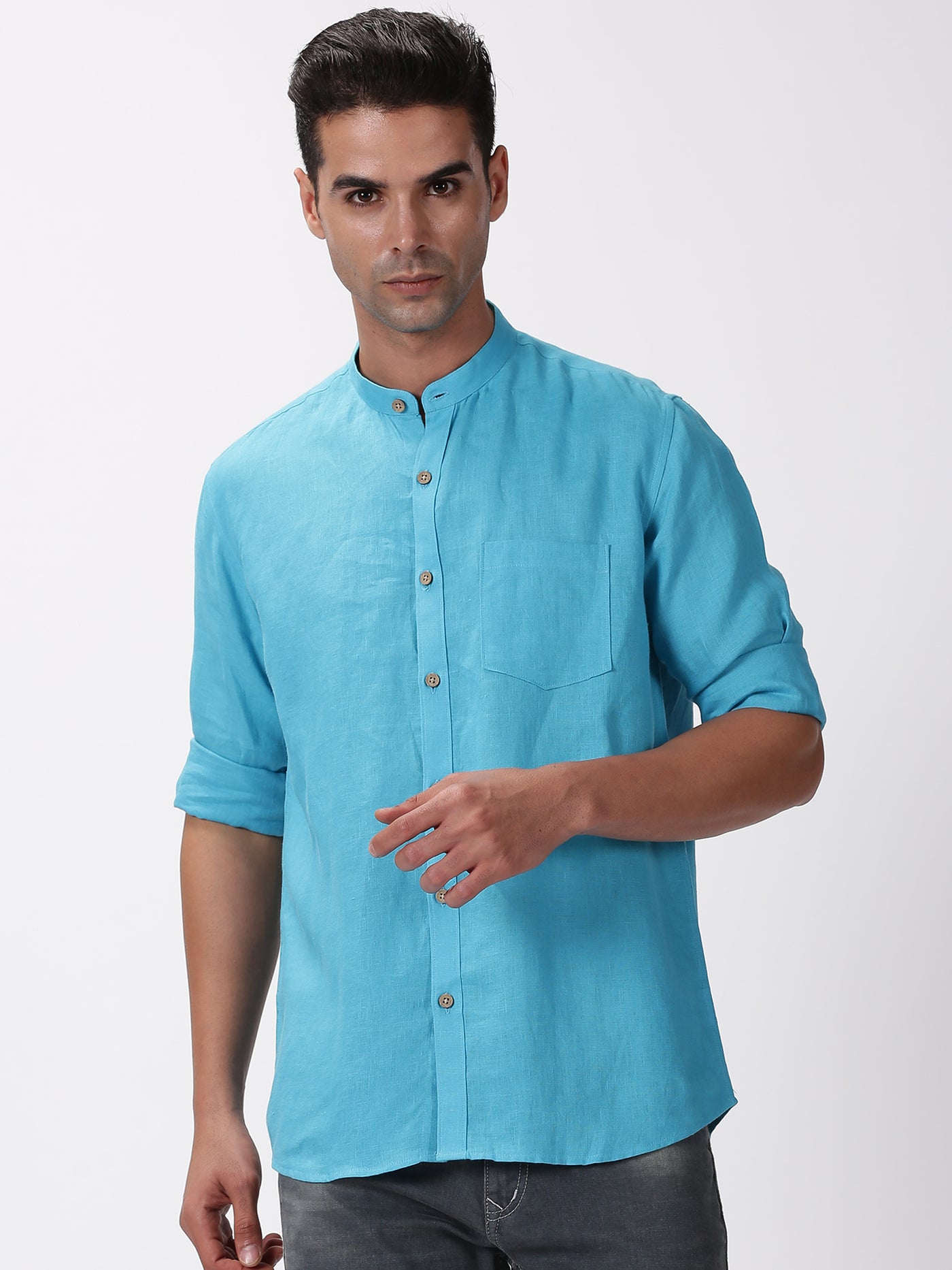 Enzo - Pure Linen Mandarin Collar Full Sleeve Shirt - Aqua Blue
