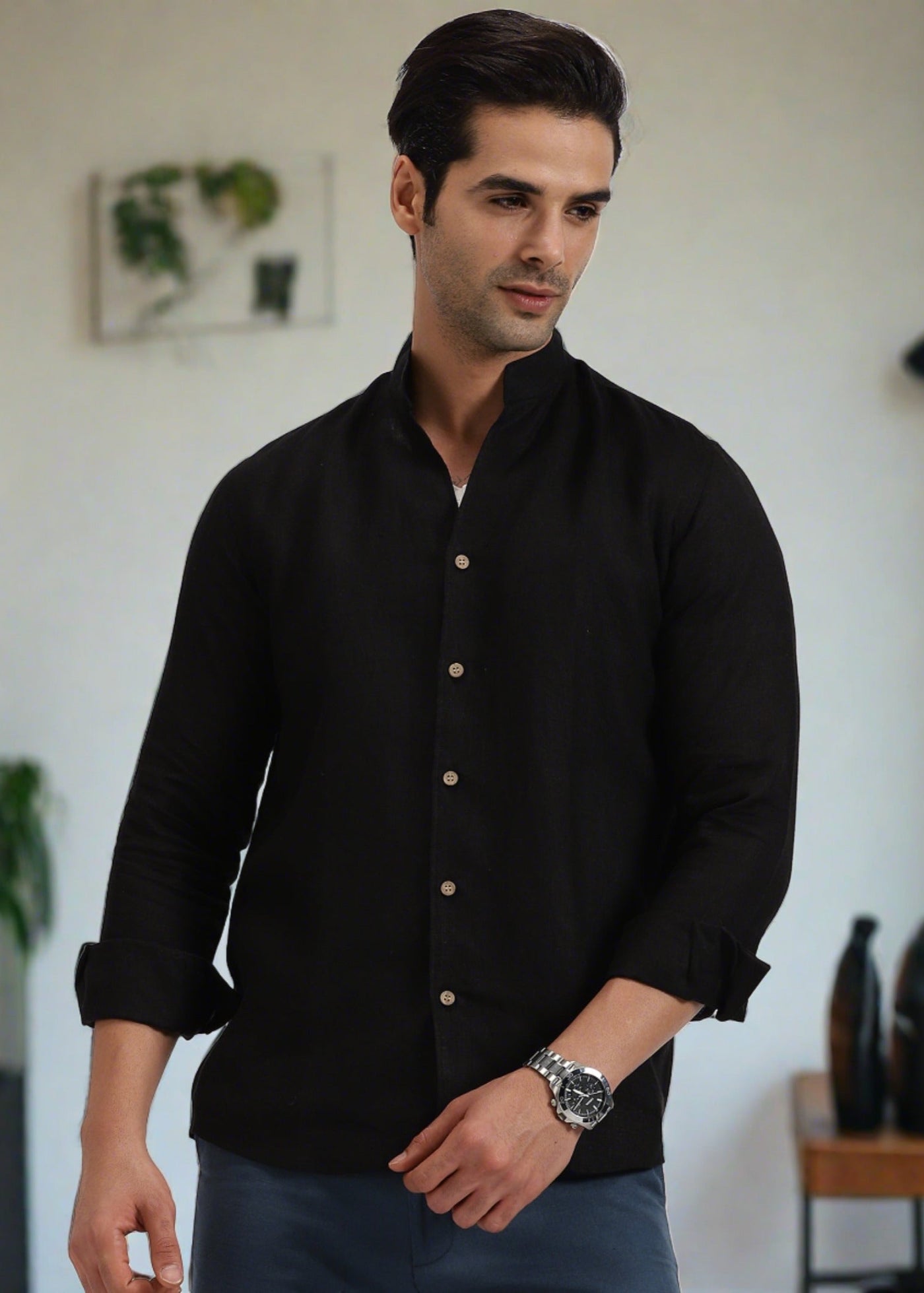 Craig - Pure Linen V Neck Full Sleeve Shirt - Black