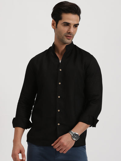 Craig - Pure Linen V Neck Full Sleeve Shirt - Black