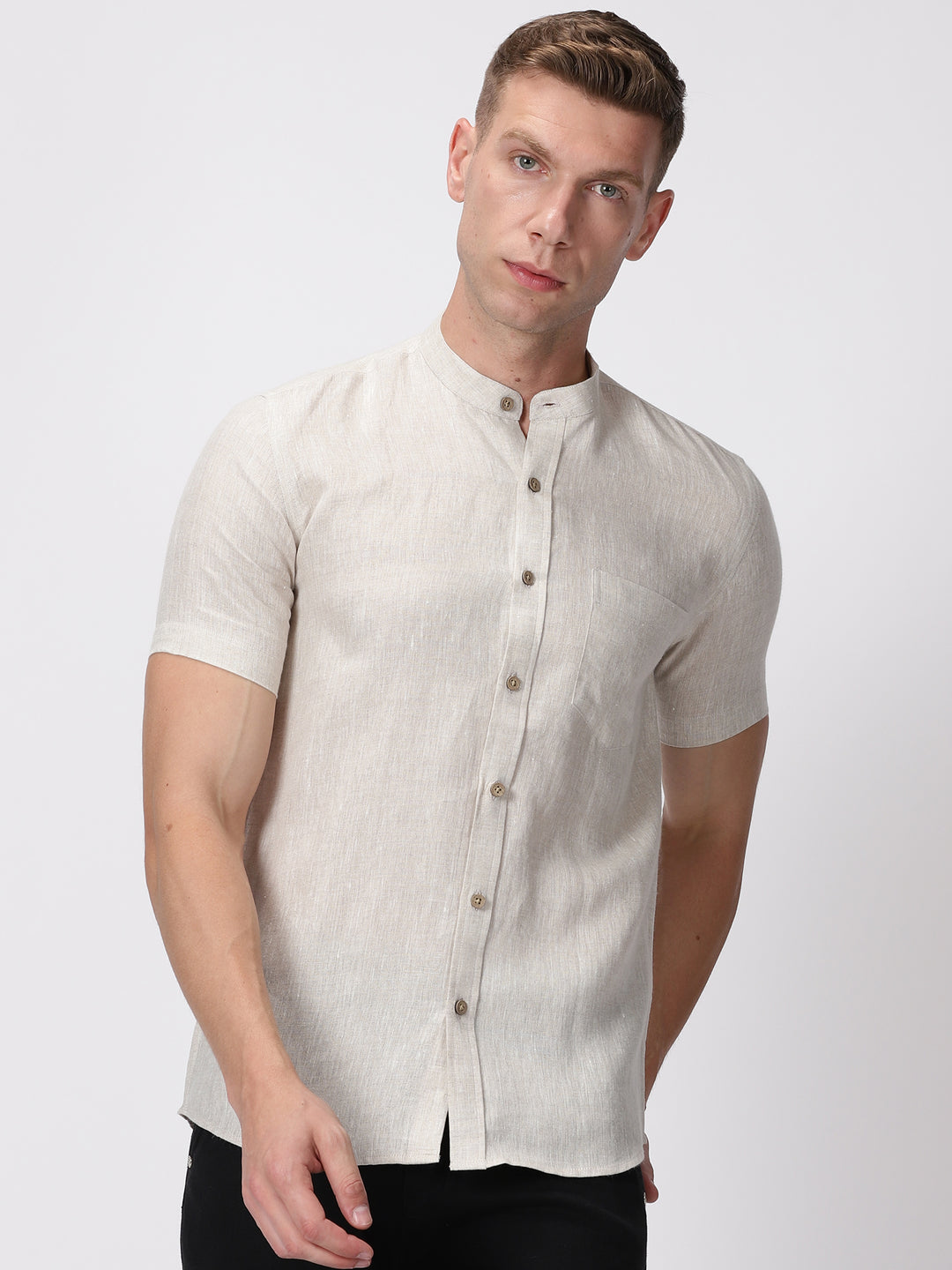 Chang - Pure Linen Mandarin Collar Half Sleeve Shirt - Ecru