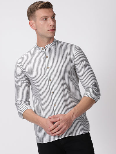 Max - Pure Linen Striped Long Sleeve Shirt - Black & White