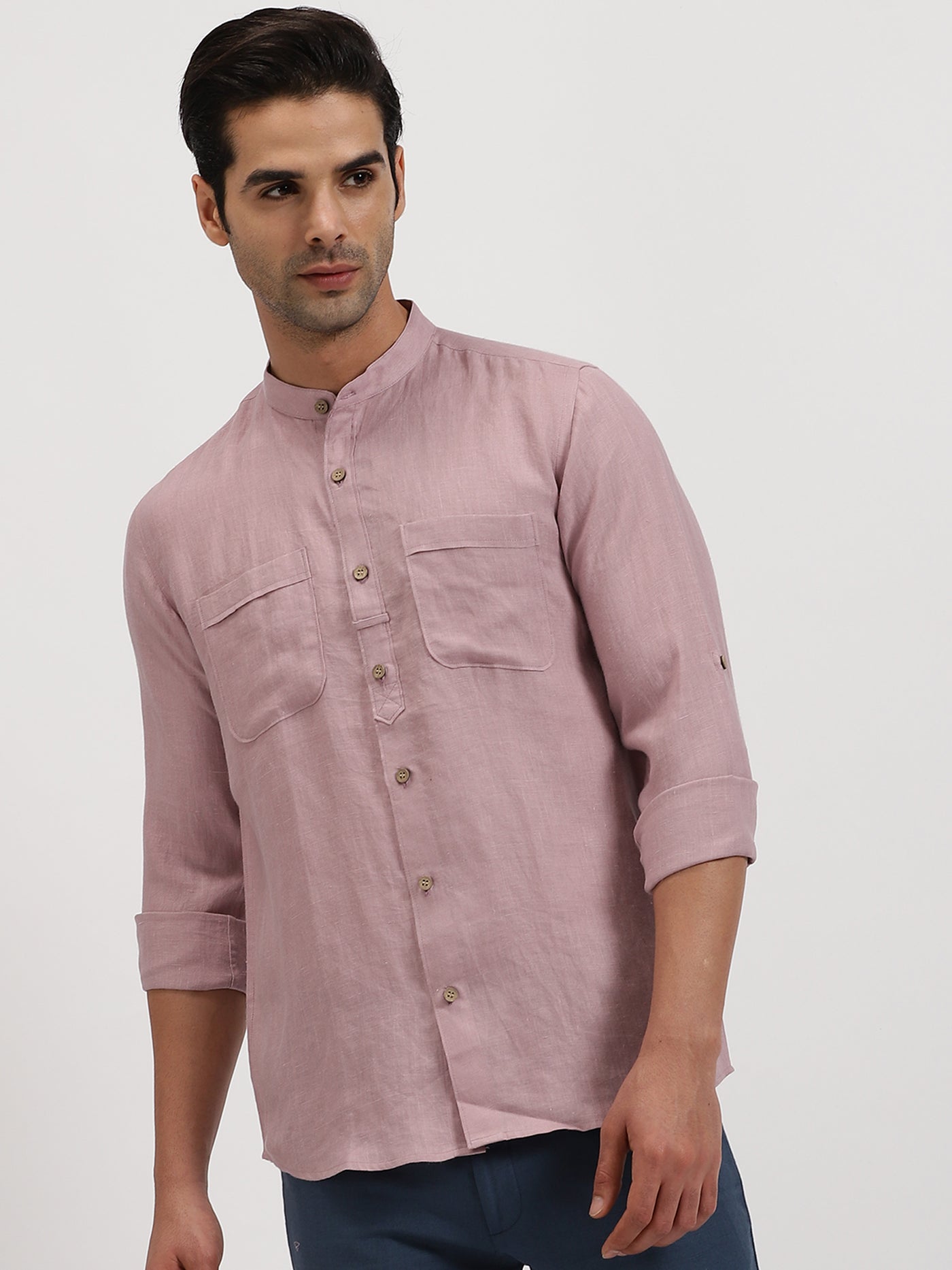 Luca - Pure Linen Double Pocket Full Sleeve Shirt - Lilac