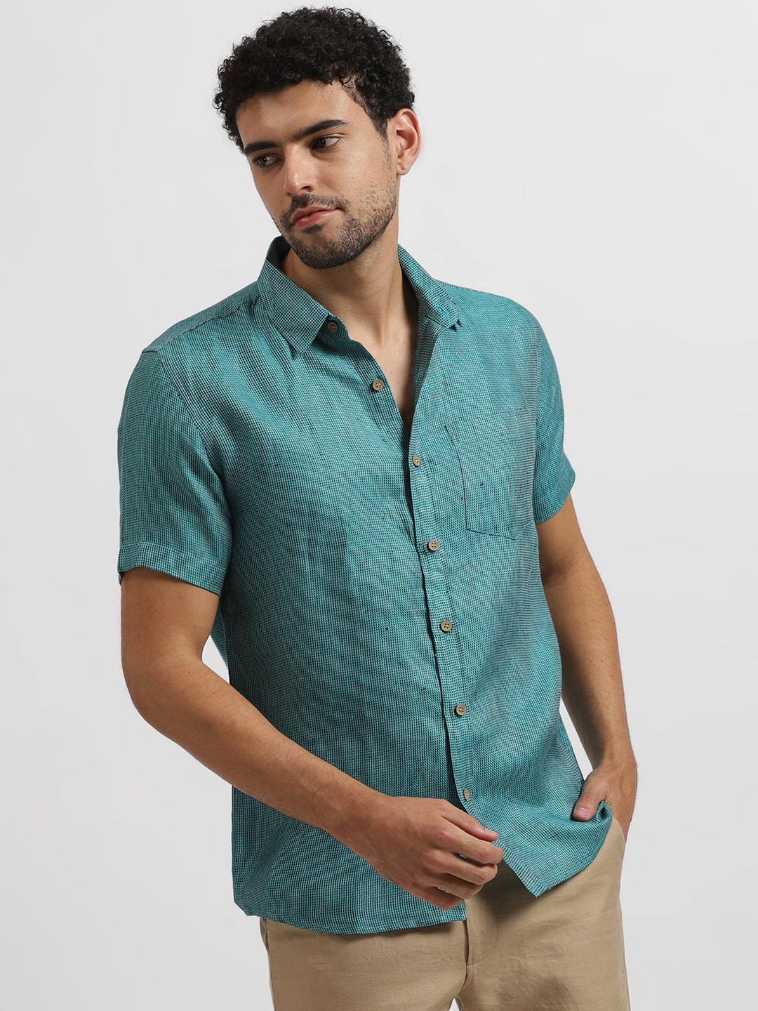 Carlose - Pure Linen Half Sleeve Shirt - Turquoise Blue Houndstooth