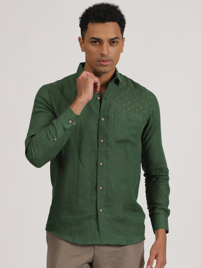 Ryker - Pure Linen Block Printed Dobby Full Sleeve Shirt - Dark Green