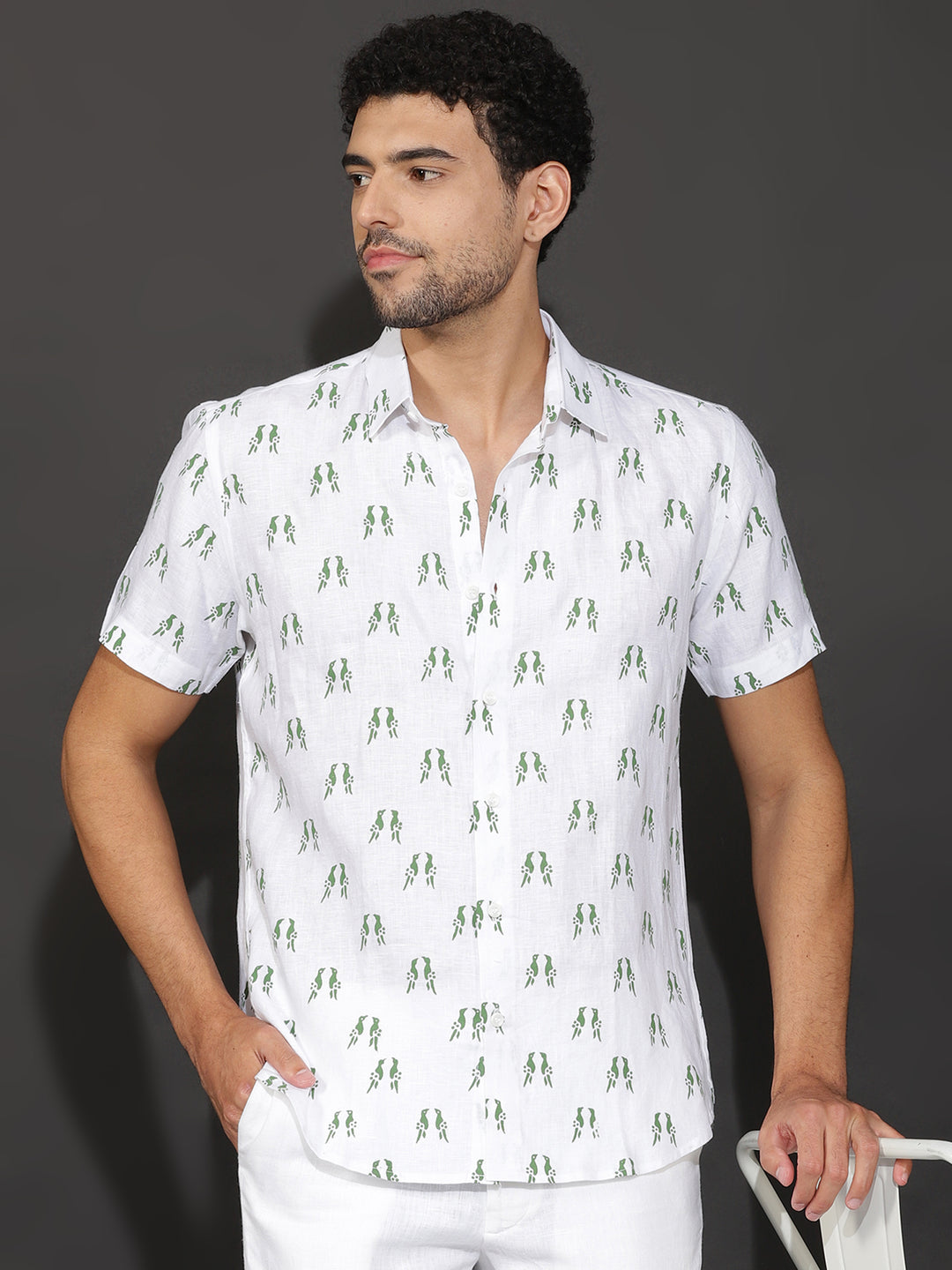Leo - Pure Linen Block Printed Half Sleeve Shirt - White & Green