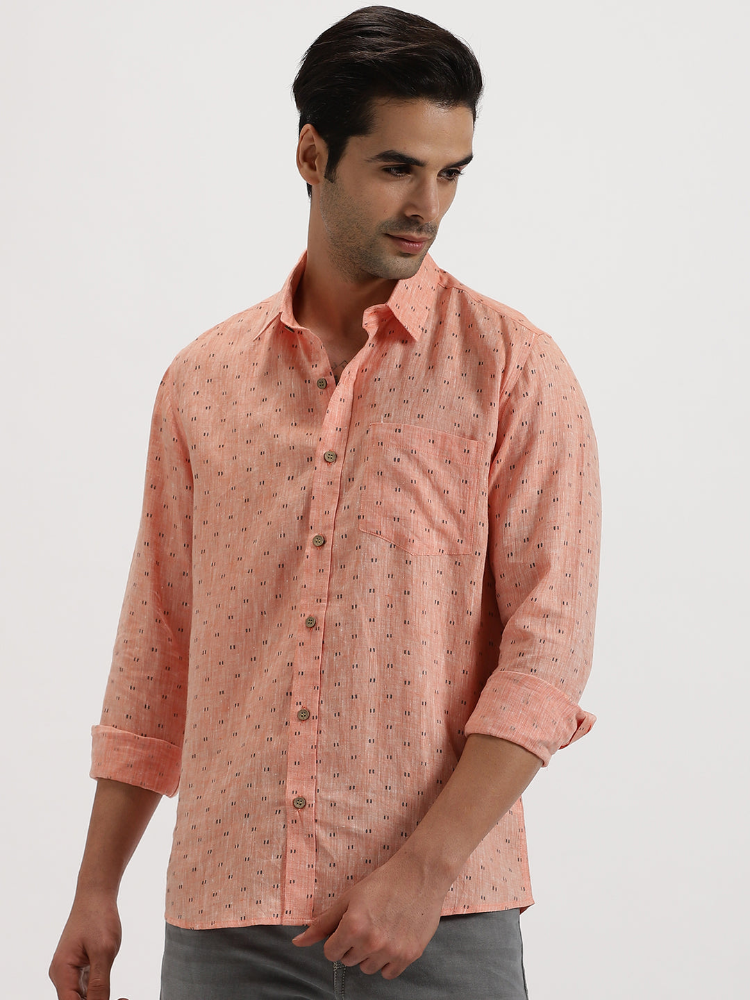 Haynes - Pure Linen Block Printed Dobby Full Sleeve Shirt - Orange