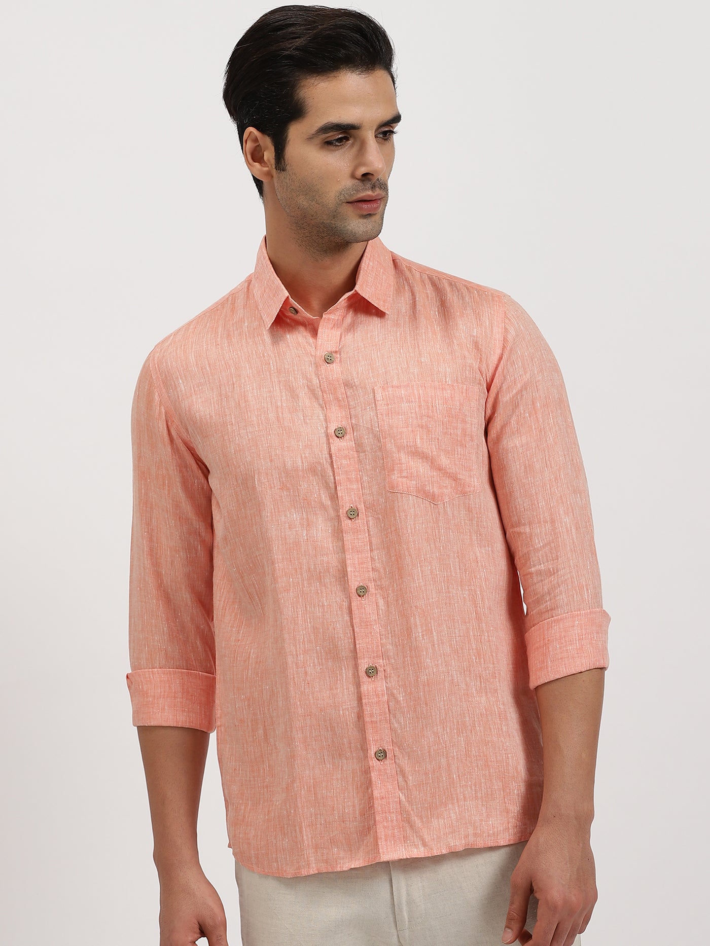 Bryce - Pure Linen Chambray Long Sleeve Shirt - Orange