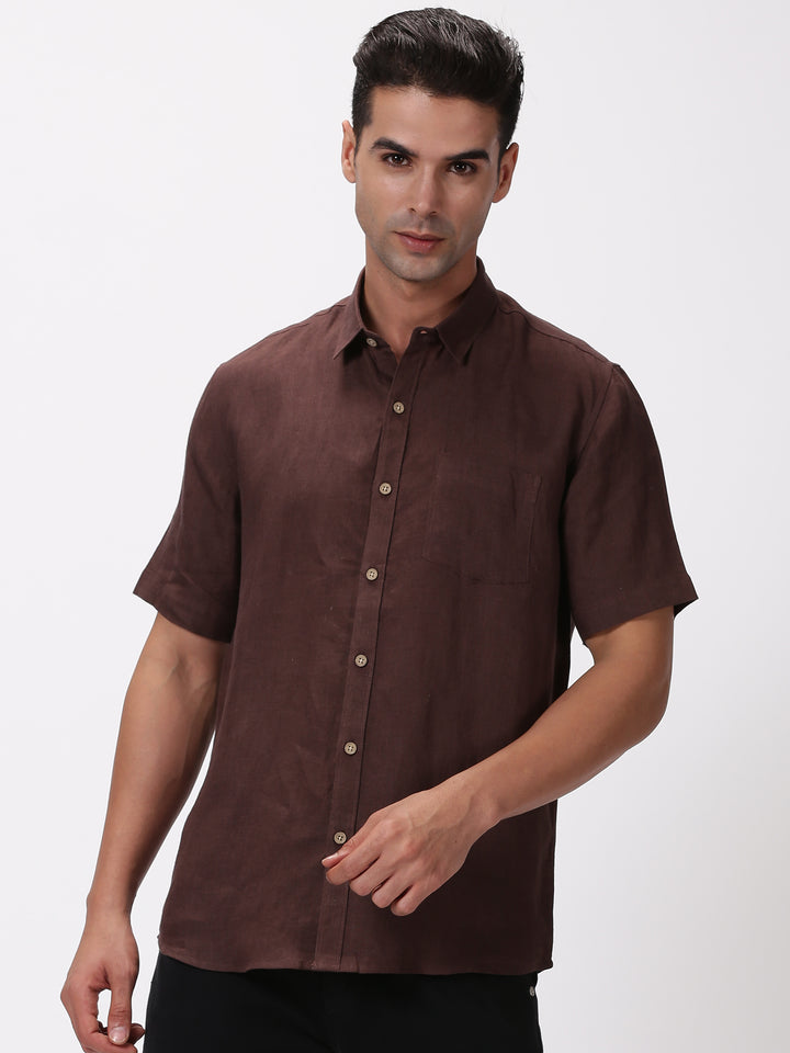 Kian - Pure Linen Regular Collar Half Sleeve Shirt - Dark Chocolate