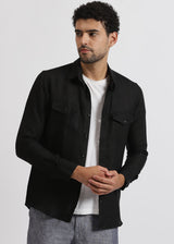 Thomas - Pure Linen Double Pocket Full Sleeve Shirt - Black
