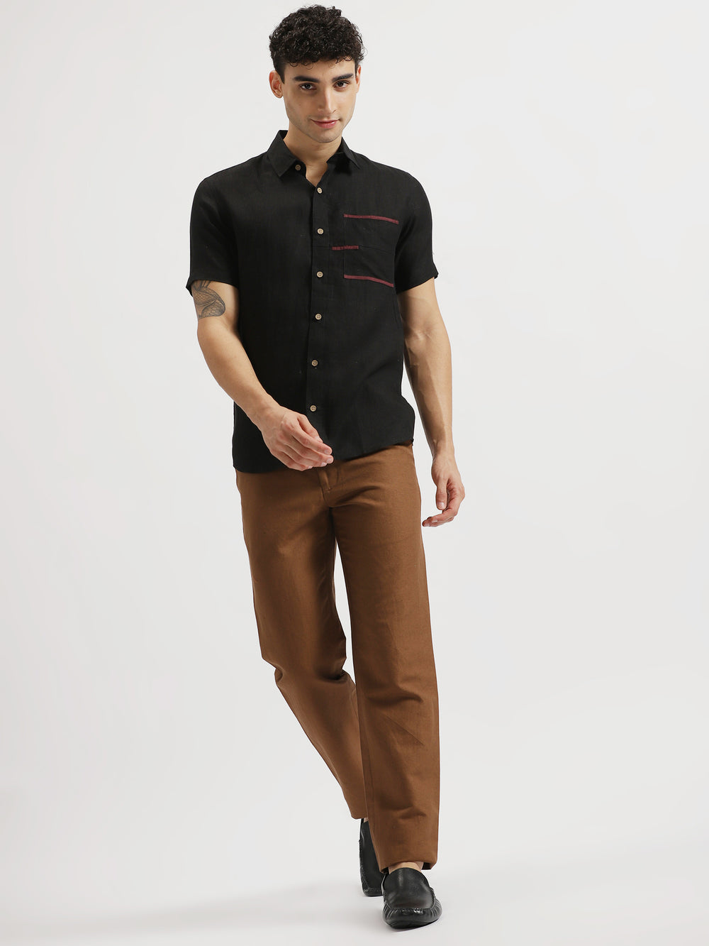 Robert - Pure Linen Pocket Detailed Half Sleeve Shirt - Black