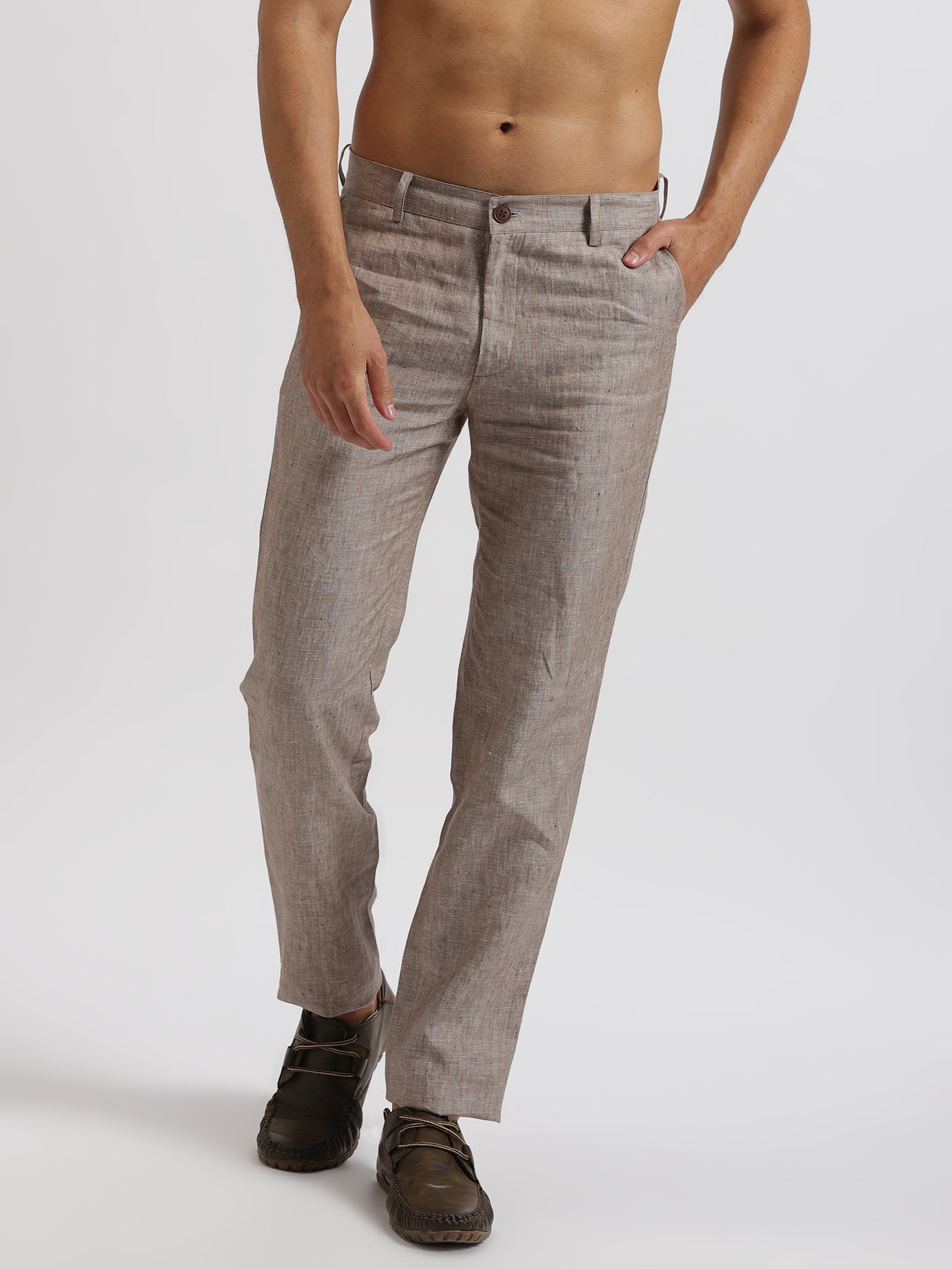 Ian Pure Linen Trousers - Light Brown Chambray