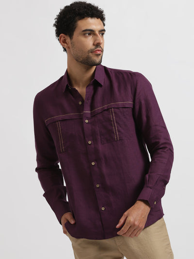 Xander - Pure Linen Double Pocket Embroidered Full Sleeve Shirt - Dark Purple