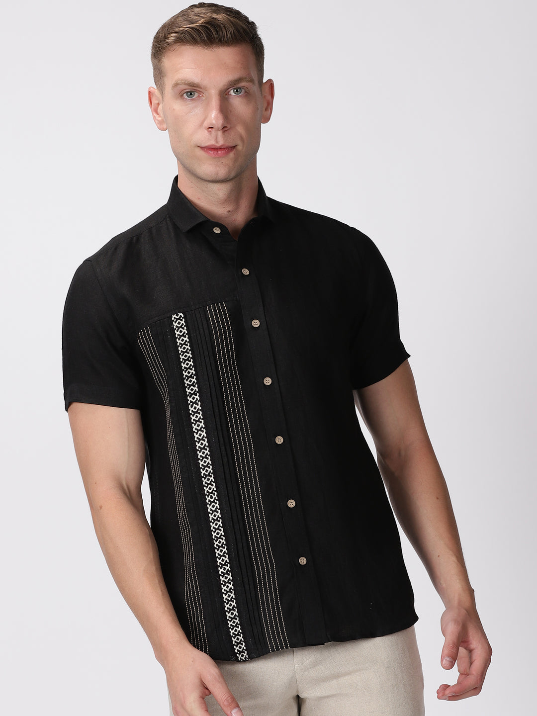 Aryan - Pure Linen Toda Hand-Embroidered Half Sleeve Shirt - Black