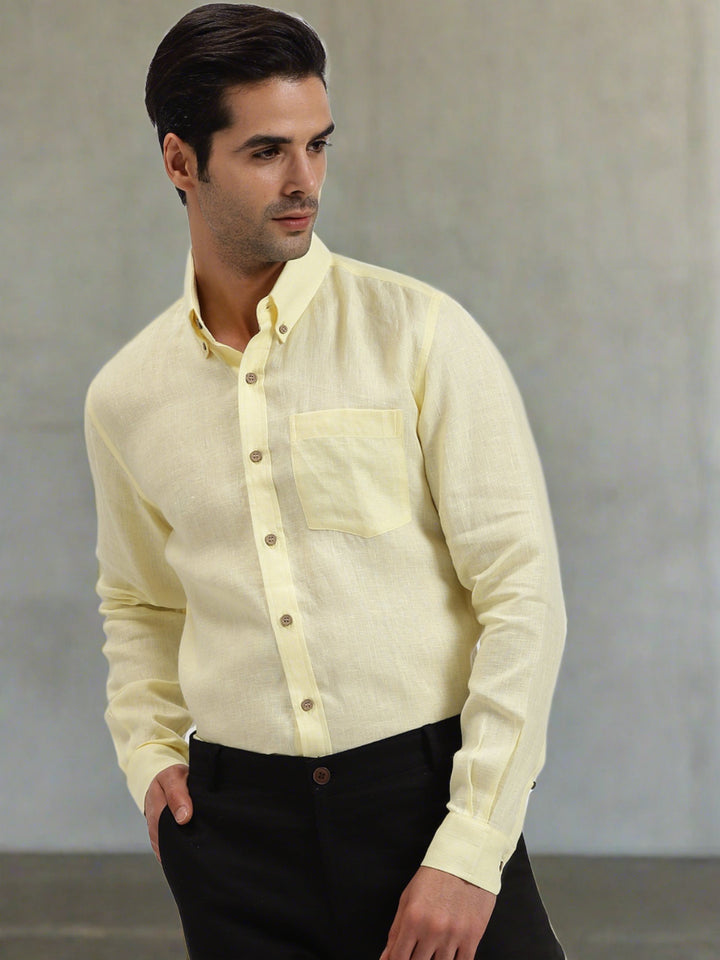 Austin - Pure Linen Button Down Full Sleeve Shirt - Light Yellow