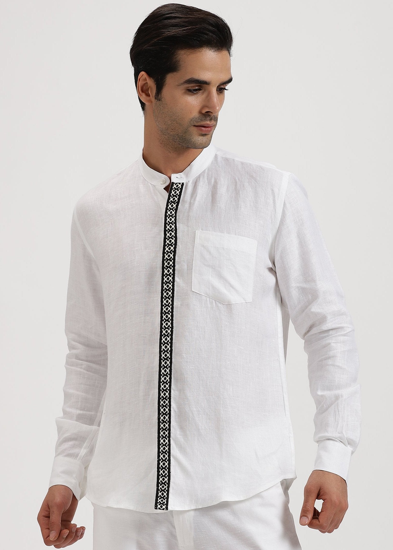 Pure Linen Toda Hand-Embroidered Long Sleeve Shirt - White – Linen