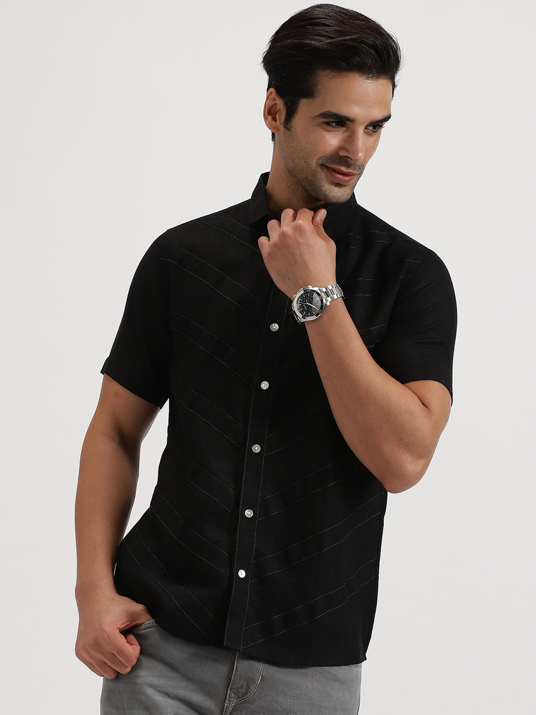 Pierre - Pure Linen Stitch Detailed Half Sleeve Shirt - Black