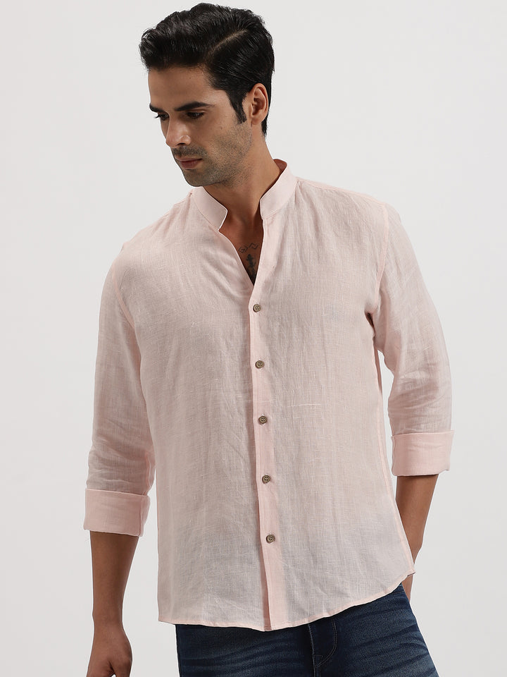 Craig - Pure Linen V Neck Full Sleeve Shirt - Light Pink