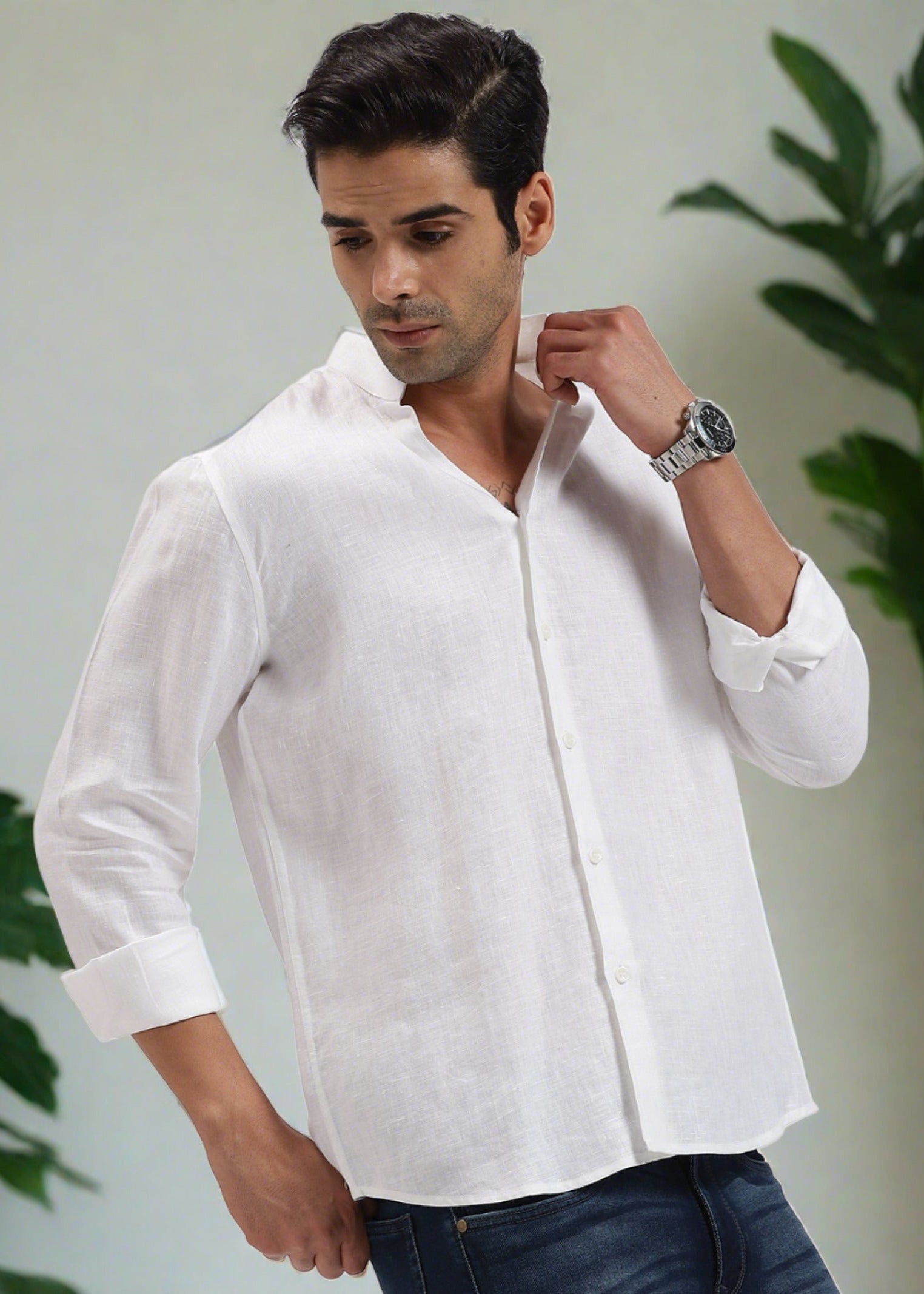 White V Neck Mandarin Collar Pure Linen Full Sleeve Shirt for Men