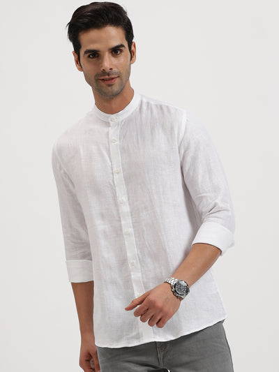 Ronan - Pure Linen Mandarin Collar Full Sleeve Shirt - White