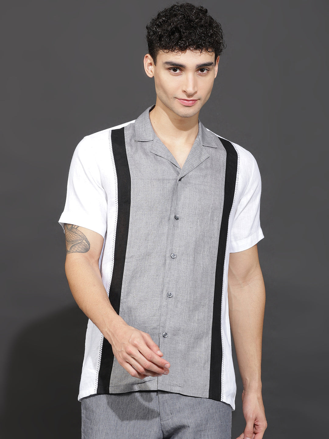 Harper - Pure Linen Block Half Sleeve Shirt - White Black & Grey