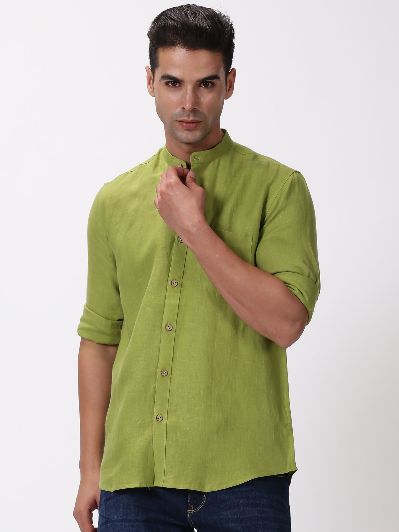 Enzo - Pure Linen Mandarin Collar Full Sleeve Shirt - Peridot Green