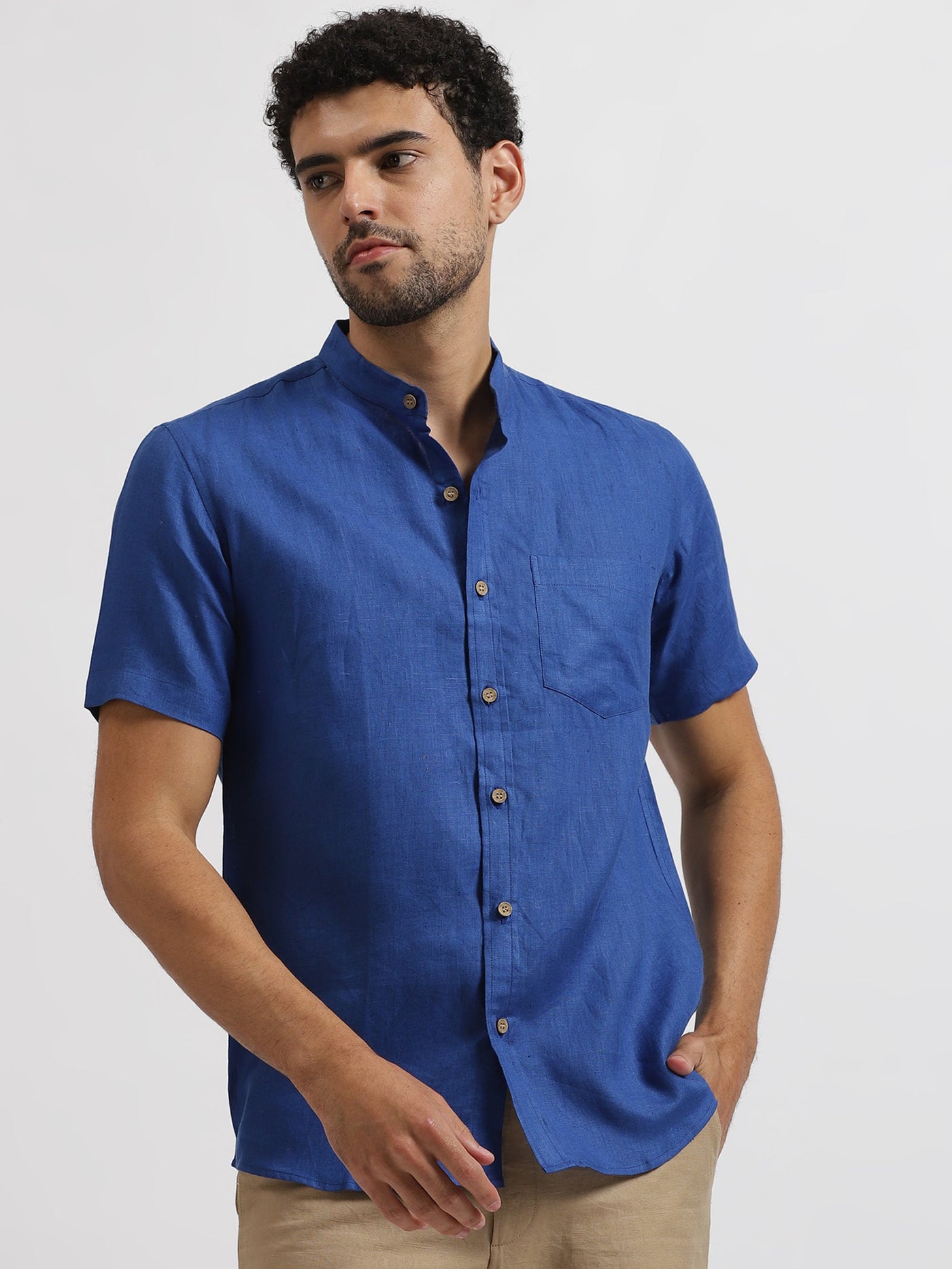 Chang - Pure Linen Mandarin Collar Half Sleeve Shirt - Blue | Rescue