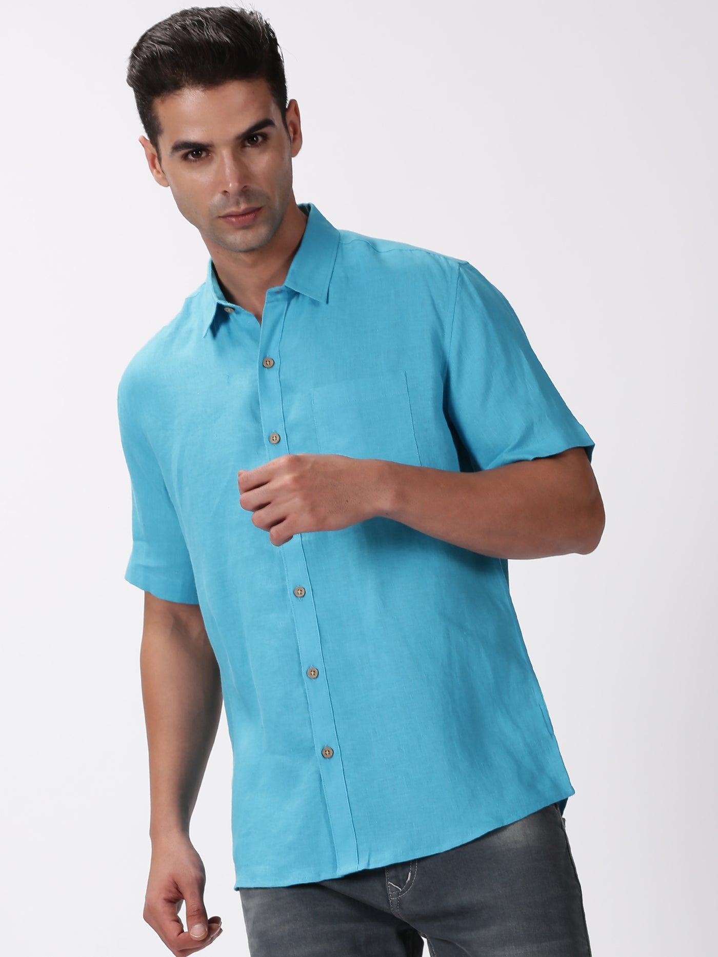 Kian - Pure Linen Regular Collar Half Sleeve Shirt - Aqua Blue