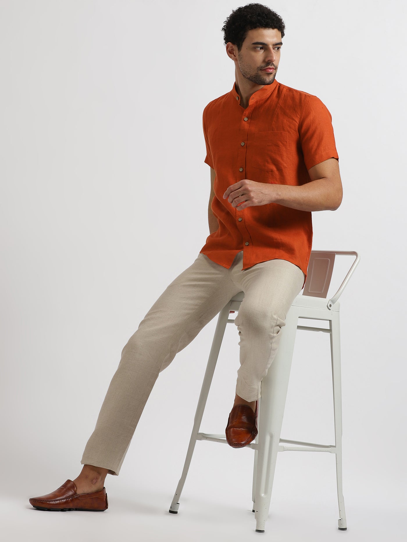 Trevor - Pure Linen Mandarin Collar Half Sleeve Shirt - Rust