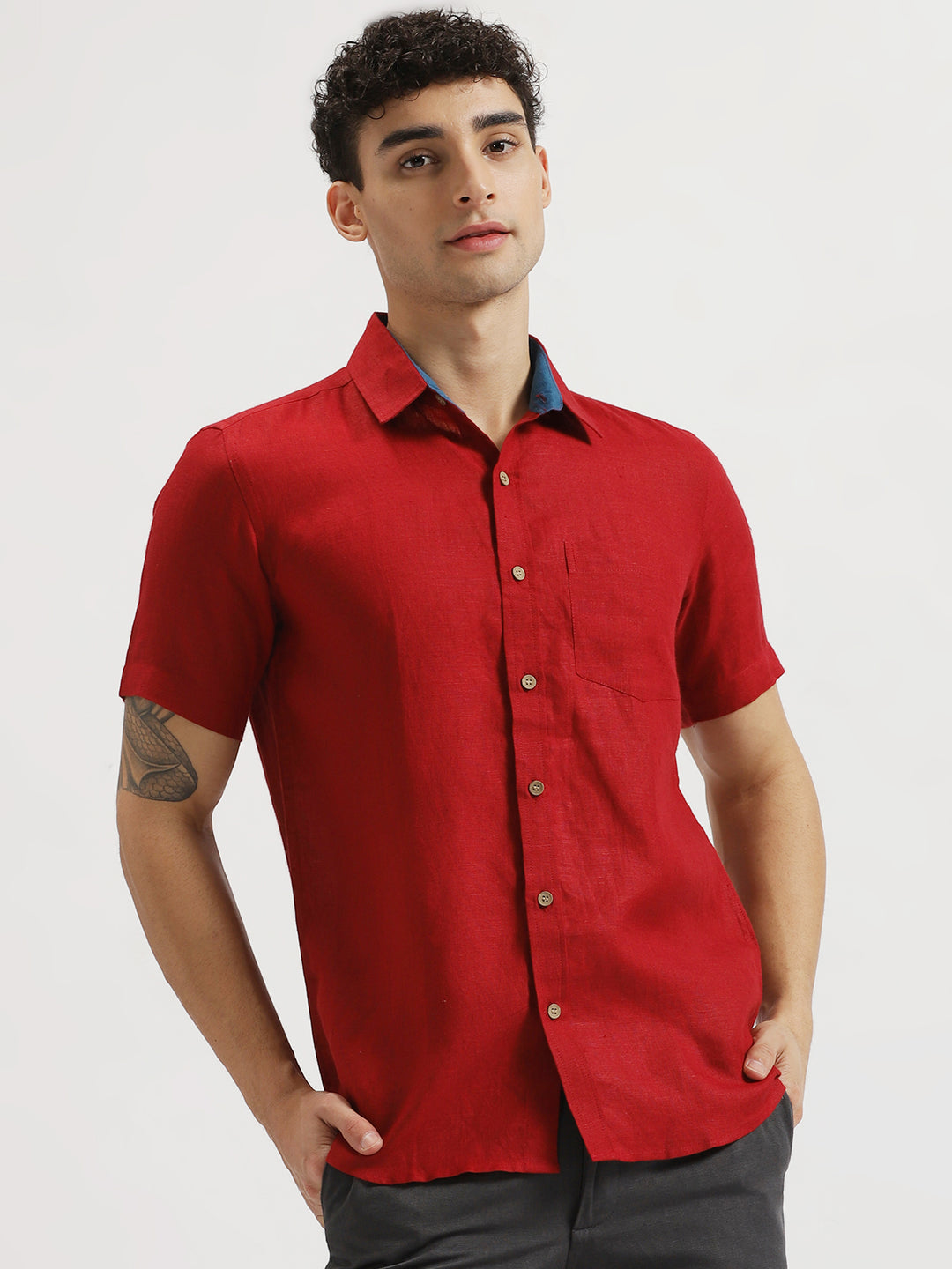 Max - Pure Linen Half Sleeve Shirt - Mud Red