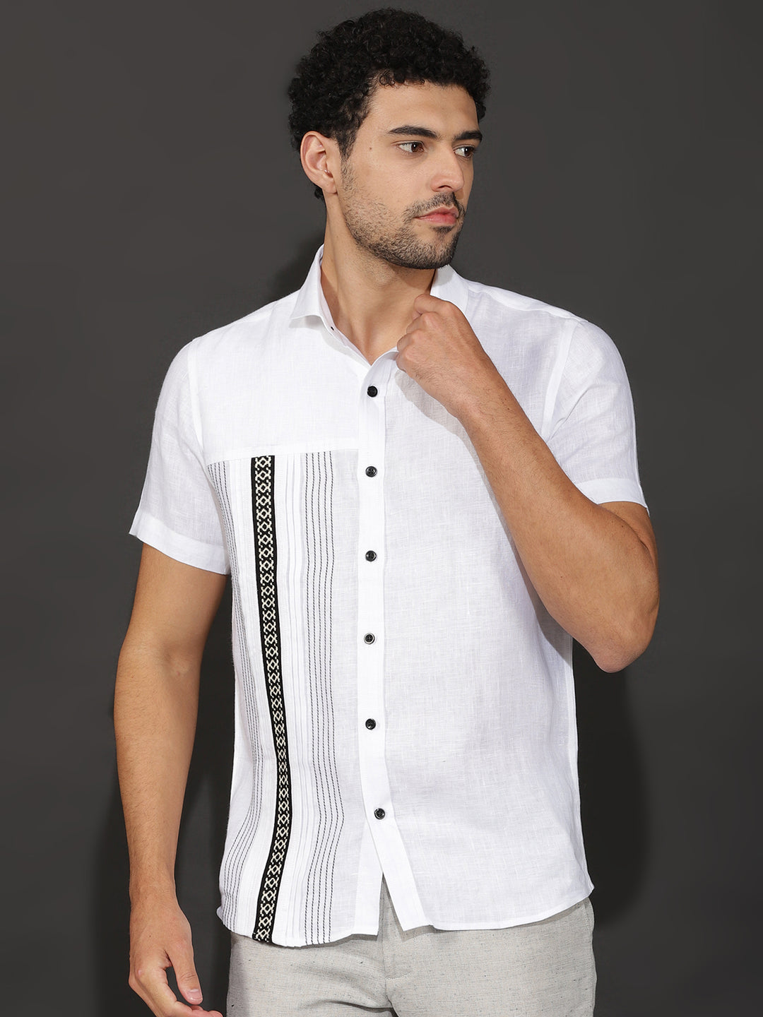 Aryan - Pure Linen Toda Hand-Embroidered Half Sleeve Shirt - White