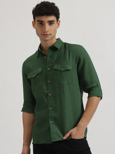 Thomas - Pure Linen Double Pocket Full Sleeve Shirt - Dark Green