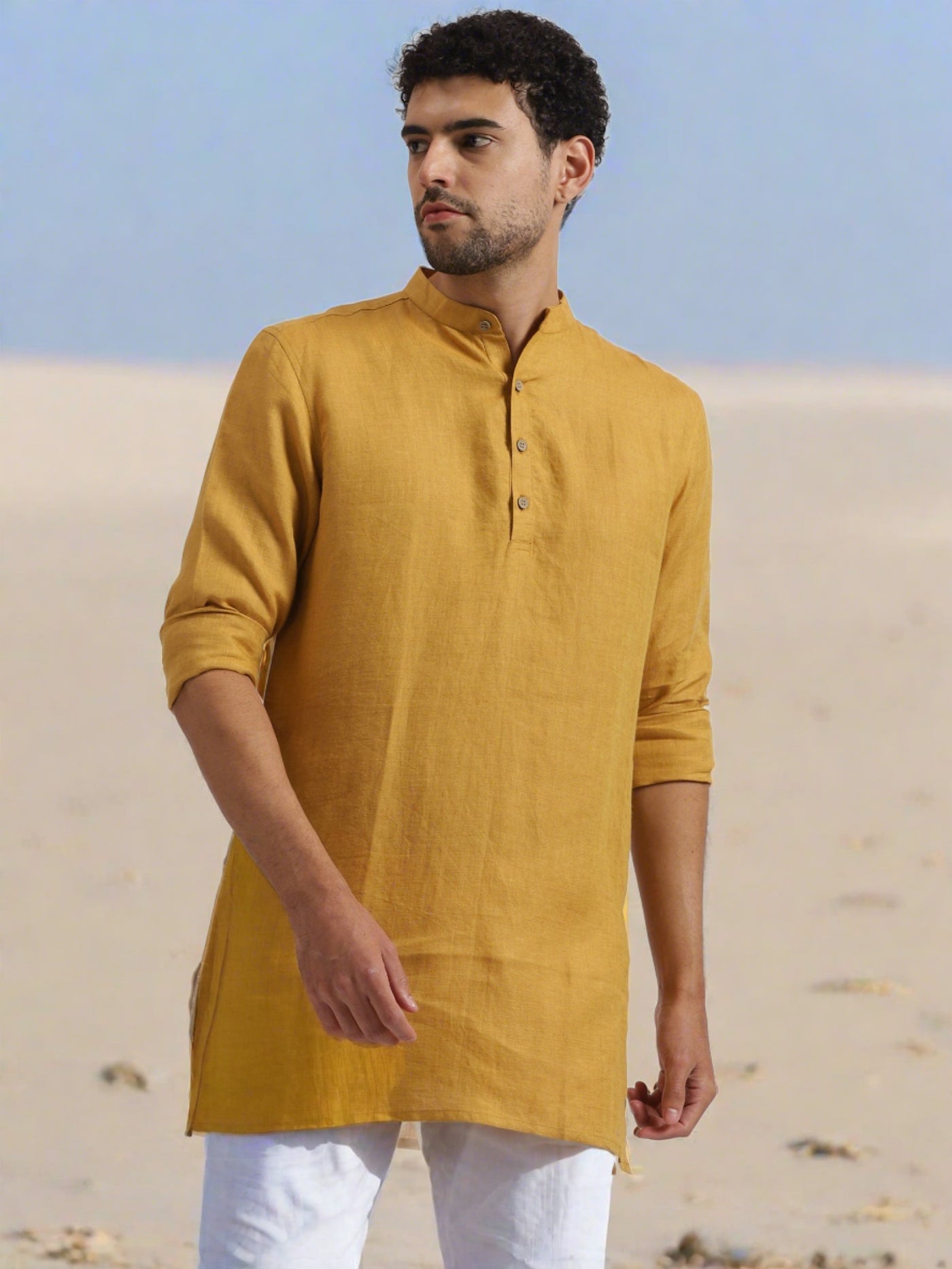 Parker - Full Sleeve Mandarin Collar Pure Linen Short Kurta - Mustard Yellow