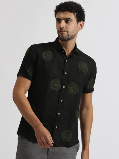 Shane - Pure Linen Embroidered Half Sleeve Shirt - Black & Green