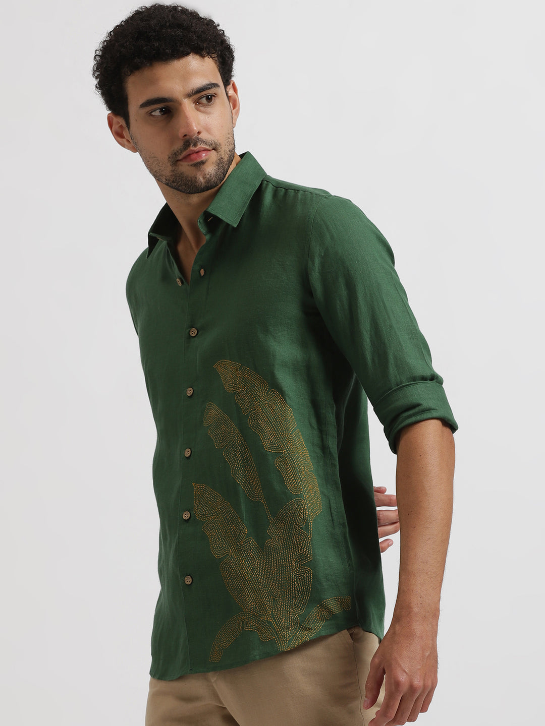 Leef - Pure Linen Hand Embroidered Full Sleeve Shirt - Green