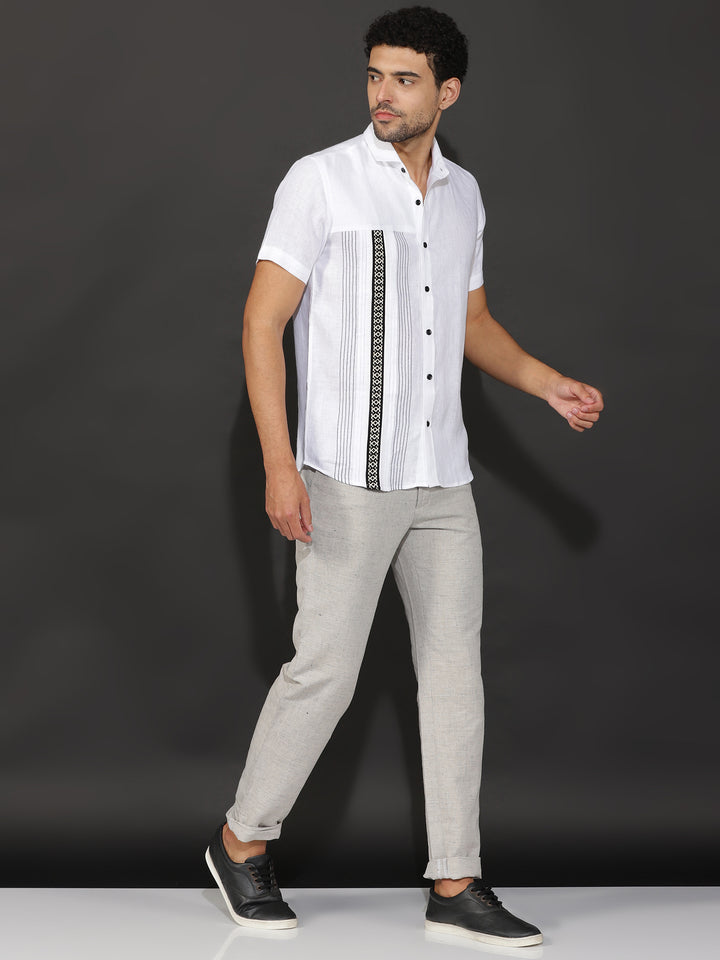 Aryan - Pure Linen Toda Hand-Embroidered Half Sleeve Shirt - White