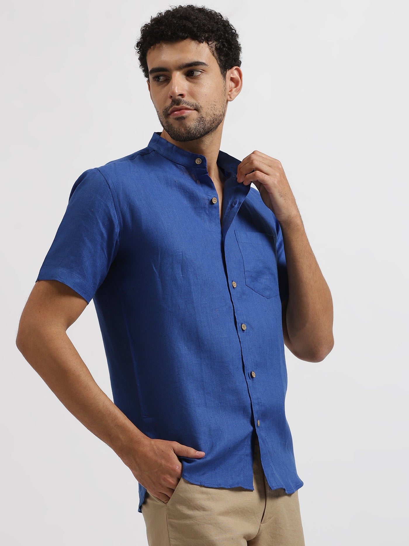 Chang - Pure Linen Mandarin Collar Half Sleeve Shirt - Blue | Rescue