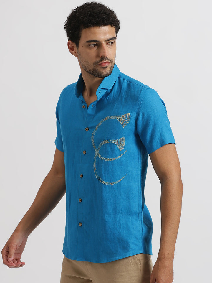 Ceol - Pure Linen Hand-Embroidered Half Sleeve Shirt - Blue