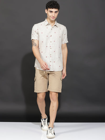 Andrian - Pure Linen Embroidered Half Sleeve Shirt - Ecru