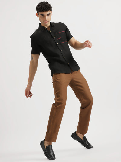 Robert - Pure Linen Pocket Detailed Half Sleeve Shirt - Black