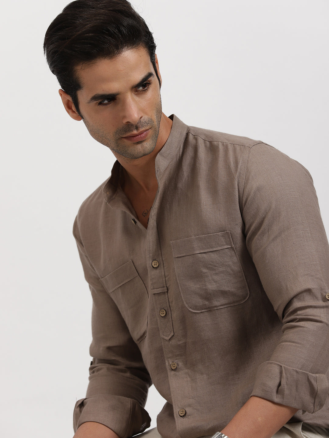 Luca - Pure Linen Double Pocket Full Sleeve Shirt - Sepia Brown
