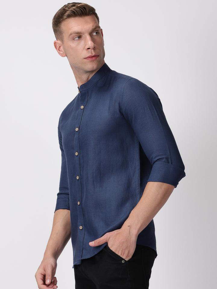 Ronan - Pure Linen Mandarin Collar Full Sleeve Shirt - Denim Blue