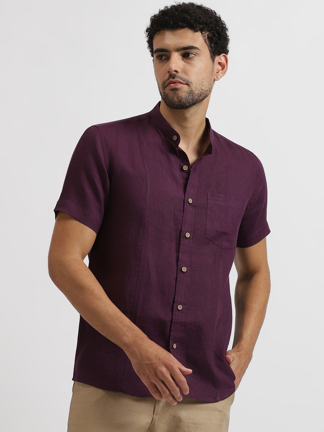 Dark Purple Pure Linen Mandarin Collar Half Sleeve Shirt – Linen Trail Dark Purple Pure Linen Mandarin Collar Half Sleeve Shirt – Linen Trail